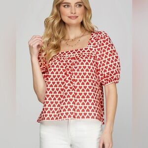 She & Sky Jolene Top Sz Medium Red Hearts Balloon Sleeves 100% Cotton
